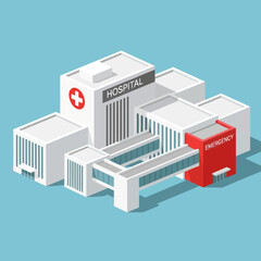 Isometric Hospital Building with Red Ambulance. © Zahra