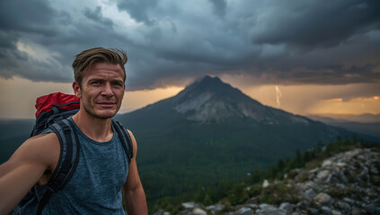 Determined traveler with backpack on mountain ridge under stormy sky and distant lightning