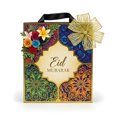 Illustration of colorful eid mubarak gift bag with floral design and gold accents isolated on white background