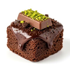 Illustration of chocolate cake with chocolate topping and pistachios on white background