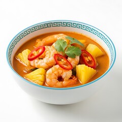 Illustration of delicious bowl of spicy thai soup with shrimp and pineapple