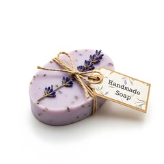 Illustration of lavender handmade soap with twine and flowers on white background
