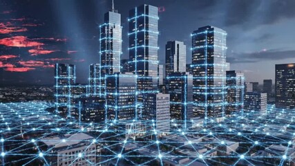 Smart city skyline at night with glowing digital network grid. Urban technology, IoT, global communication, and data concept.