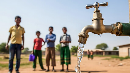 Children Gather at a Water Tap in a Dry Landscape