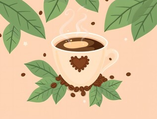 simple illustration of stylized cute cozy international day of coffee, a delicate cup with a heart made of tiny coffee seeds and surrounded by lush green leaves