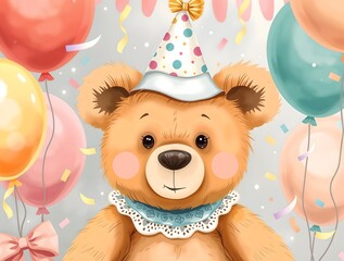 illustration of teddy bear with golden brown and a gentle face wearing a lace ruff collar and a tiny cap with a birthday hat, balloons and confetti in watercolor