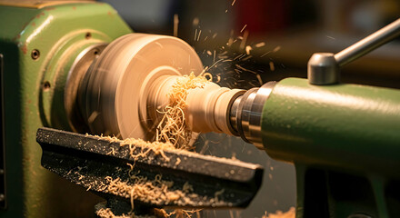 Woodworking lathe in action, shavings flying
