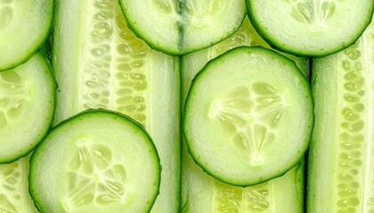 Close up view of fresh green cucumber slices arranged together showcasing vibrant color and intricate seed patterns for healthy eating and natural beauty concepts