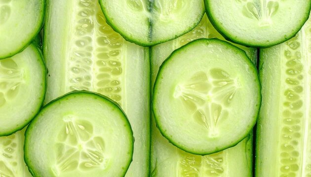 Close up view of fresh green cucumber slices arranged together showcasing vibrant color and intricate seed patterns for healthy eating and natural beauty concepts