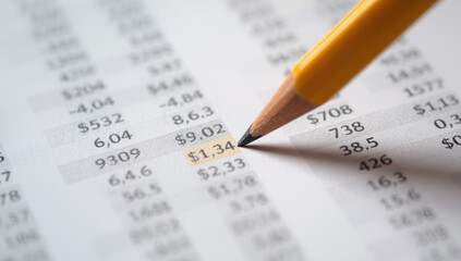 $1.34 highlighted on financial spreadsheet with pencil pointing, focused detail and neutral tone