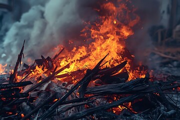A large, roaring bonfire burns intensely with bright orange flames and thick grey smoke rising into the air from burning wood.