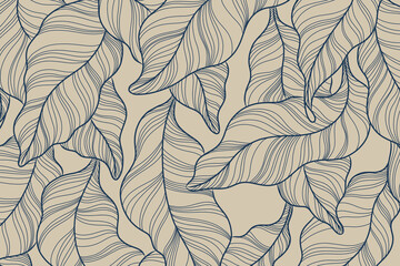 Tropical leaf line art wallpaper background vector. Natural leaves pattern design in minimalist linear.	