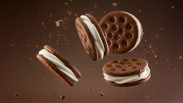 Chocolate chip sandwich cookies flying in mid air with smooth creamy filling and scattered crumbs on brown background creating an indulgent dessert concept for bakery advertising packaging branding, a