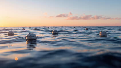 Floating sensor buoys dot calm ocean at sunset, creating peaceful coastal atmosphere
