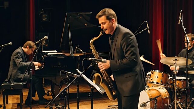 Jazz Band Performing Live Music On Stage with Saxophone Piano and Drums
