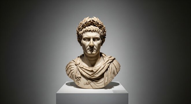 Bust of Roman emperor with laurel wreath displayed on pedestal in graylit setting
