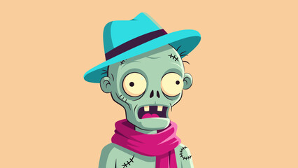 Fototapeta premium Cartoon Zombie Character with Hat and Scarf Illustration.
