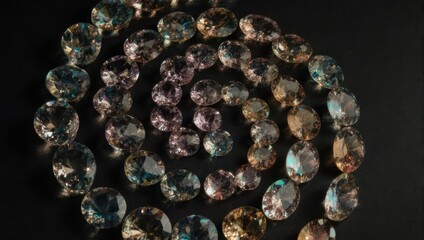 Assorted gemstones in shades of pink, gold, and teal arranged in a spiral on a dark surface