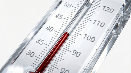 Glass thermometer closeup showing precise temperature readings on clear scale