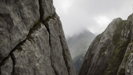 Jagged rock formations frame a distant mountain peak shrouded in mist under a grey sky