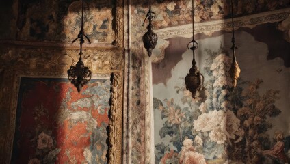 Elaborate, aged interior with ornate tapestries, sconces, and diffused light, showcasing details