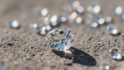 Sparkling diamonds scattered on a rough, textured surface, with brilliant light reflections