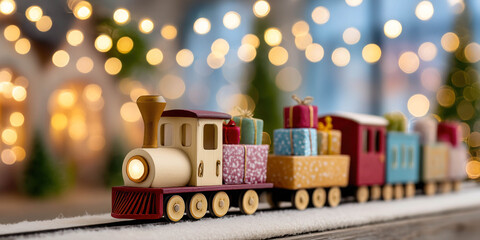 Toy small Christmas train moving along the rails with gift boxes. Xmas and New Year card and banner concept.
