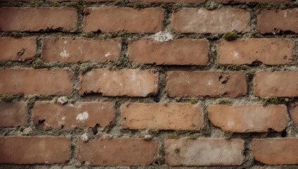 Close-up of a weathered brick wall, showing the texture of aged construction with moss
