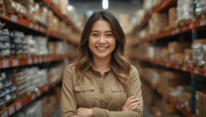 Confident warehouse worker smiling with arms crossed in aisle