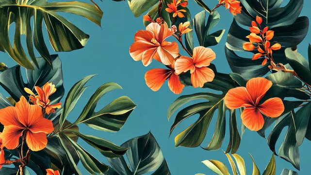 Colorful Hawaiian flower pattern on blue background.