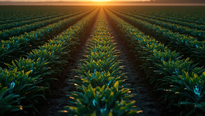 Fototapeta premium Sunrise field crop rows morning light glowing green plants