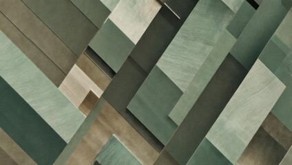 Abstract composition of overlapping rectangles in various muted green and brown hues