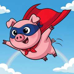 Cute cartoon superhero pig flying through the sky with a red cape and mask 1.