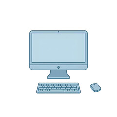Fototapeta premium Flat line art of a desktop computer setup with mouse, PNG with alpha channel for tech layouts.