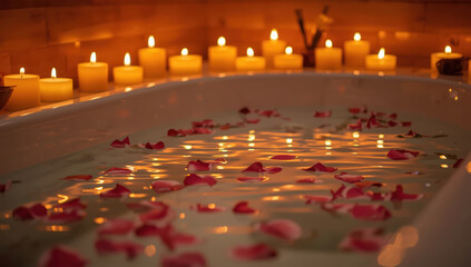 Romantic rose petals floating in candlelit bathtub creating relaxing spa atmosphere