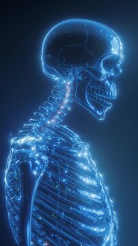 Anatomical Blueprint: An intricate 3D rendering of the human skeleton, illuminated with a cool, vibrant blue glow, against a deep backdrop, highlighting its complexity.