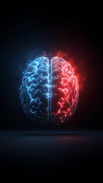 Brain: a representation of the brain showcasing the left and right hemispheres lit with a blend of contrasting colors and glow effects.