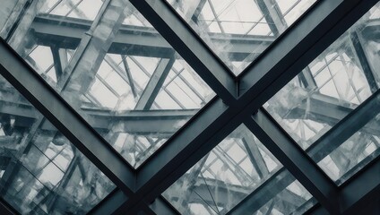 Interior shot of a modern building's skylight, featuring intersecting steel beams and glass panels
