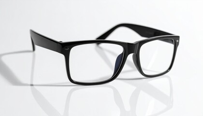 Stylish black frame reading glasses with clear lenses resting on a bright reflective white surface showcasing crisp shadows and modern optical design essentials for vision care.