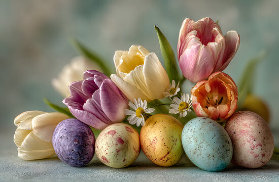 Easter eggs and tulips creating a spring feeling on pastel green background - Powered by Adobe
