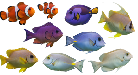 Twelve diverse tropical reef fish with vibrant colors, iridescent scales, and intricate patterns, posed against a transparent background. Concept of marine biodiversity