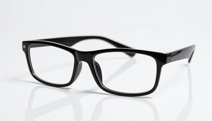 Classic black thick-rimmed nerd style eyeglasses featuring clear lenses resting on a highly reflective white surface creating soft illumination and shadow detail