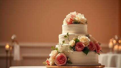 Elegant wedding cake adorned with floral decorations under soft overhead lighting.