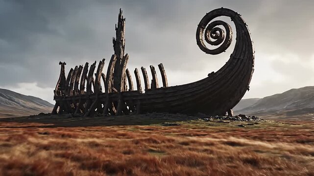 Ancient Skeletal Viking Ship Sculpture on Grassy Moorland Hill

