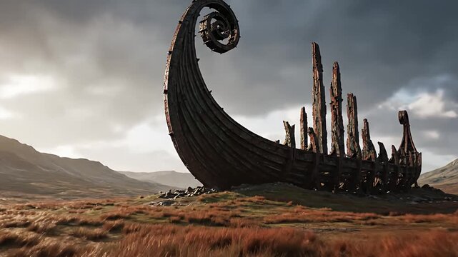 Ancient Skeletal Viking Ship Sculpture on Grassy Moorland Hill
