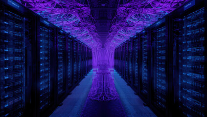 Futuristic server room with glowing purple network cables and blue rack lights, moody tech scene