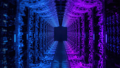 Neon server room corridor with blue and purple lighting and glowing cables, futuristic atmosphere