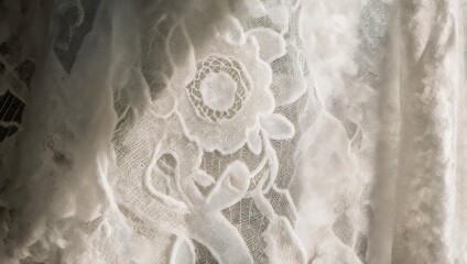 Close-up of an ornate white lace fabric, featuring floral patterns and delicate textures
