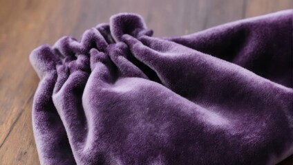 Close-up shot of gathered, plush, purple fabric against a wooden surface