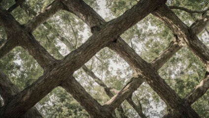Perspective shot looking upward through interwoven tree branches forming a diamond pattern